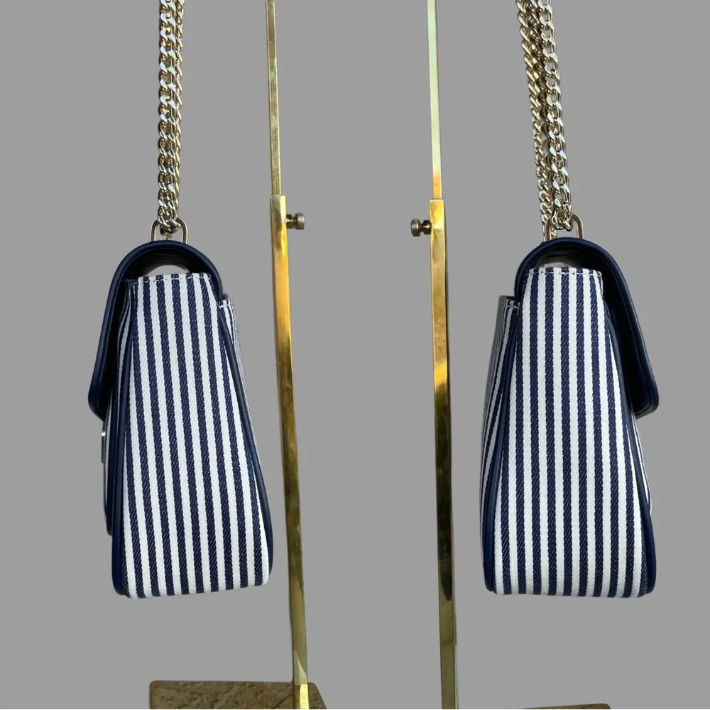 KATE SPADE Blue & White Striped Carey Medium Flap Striped Crossbody Shoulder Bag